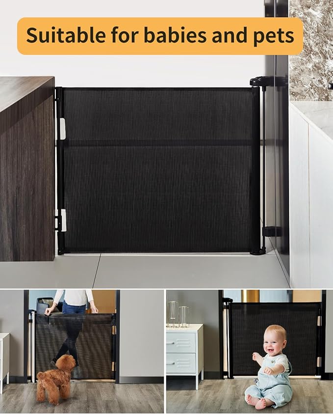 Retractable Baby Gate,Mesh Baby Gate or Mesh Dog Gate,33" Tall,Extends up to 55" Wide,Child Safety Gate for Doorways, Stairs, Hallways, Indoor/Outdoor(Black,33"x55"