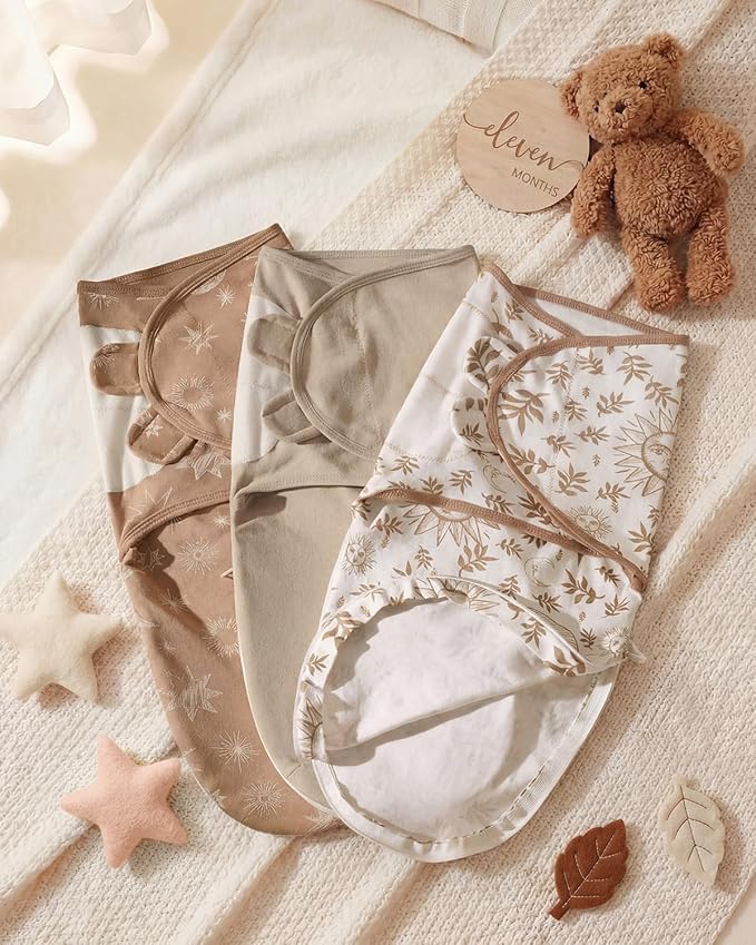 Baby Swaddles for Newborns with Zipper, 100% Cotton Newborn Swaddle Sack, 3 Pack Baby Swaddles 3-6 Months Swaddle Sleep Sack for Newborn Baby Boy Girl Brown Sun
