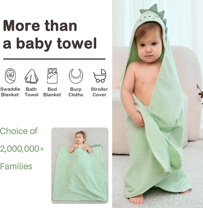 Viviland 2 Pack Hooded Baby Towels, Soft 100% Cotton Baby Bath Towels with Hood, Extra Thick and Absorbent, Essential for Newborns, Kids, Infants - Girls and Boys (Sheep & Green Dinosaur)