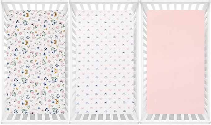 david's kids 3 Pack Fitted Crib Sheets, Ultra Soft Breathable Comfortable Baby Sheet Set for Boys Girls Neutral, 28x52 Inch Fits Standard Crib and Toddler Mattresses, Floral & Butterfly