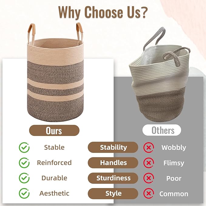 75L Striped Laundry Basket, Dark Brown Laundry Hamper with Leather Handles, Woven Cotton Rope Storage Bin for Blankets, Nursery Hamper for Clothes, Toys In Bathroom, Livingroom, Bedroom