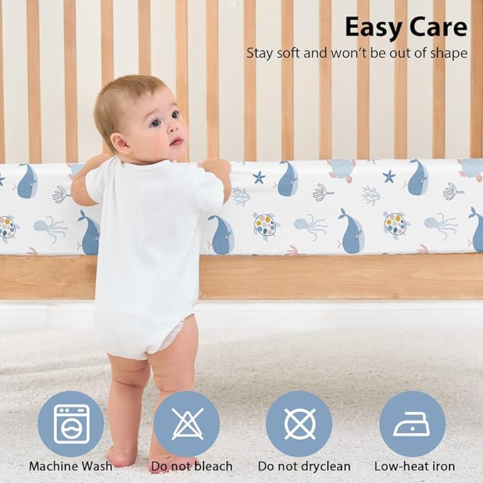 Baby Crib Sheets for Boys and Girls, 3 Pack Toddler Bed Sheets for 52”x28” Standard Toddler Mattresses, Soft Microfiber Fitted Crib Sheets Neutral Blue Ocean Whale