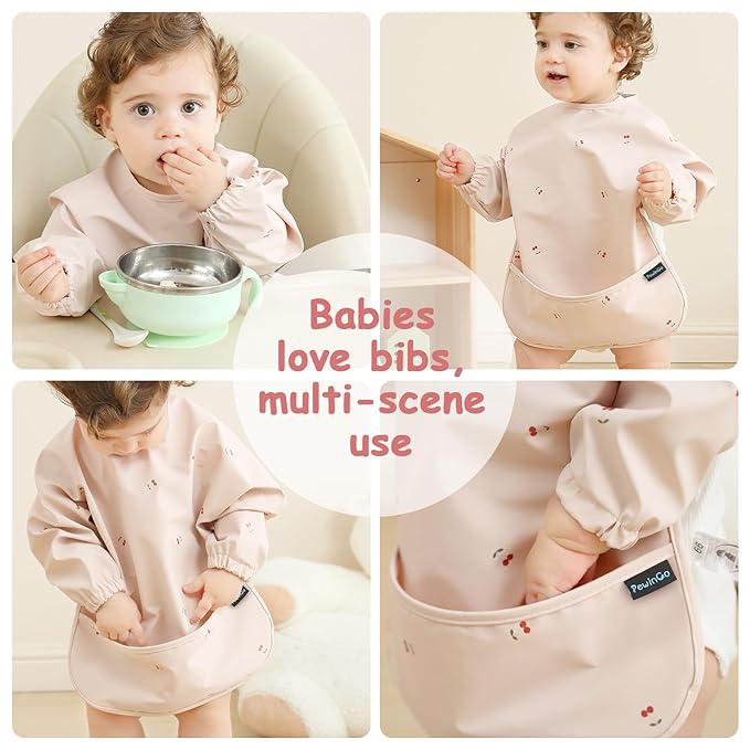 PewinGo Baby Bibs with Long Sleeve Bib & BLW, Coverall Bibs for Baby Feeding, PU Soft and Skin-Friendly Material, Machine Washable, Waterproof and Easy to Clean, Baby Infant Toddlers (Pink)