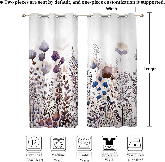 Renaiss Wild Flowers Blackout Curtains, Pastel Botanical Floral Print Thermal Insulated Bedroom Window Curtains, Nature Plants Window Drapes for Living Room, 108" L x 53" W 2 Panel Set
