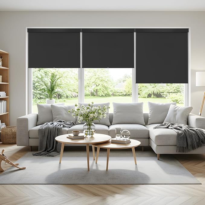 100% Blackout Roller Shades Cordless Blinds for Indoor Windows,Free-Stop Window Shades Pull Down,Thermal Insulated Fabric UV Protection,Blackout Window Guard Blinds for Home,Office,Black,52" W x 72" H