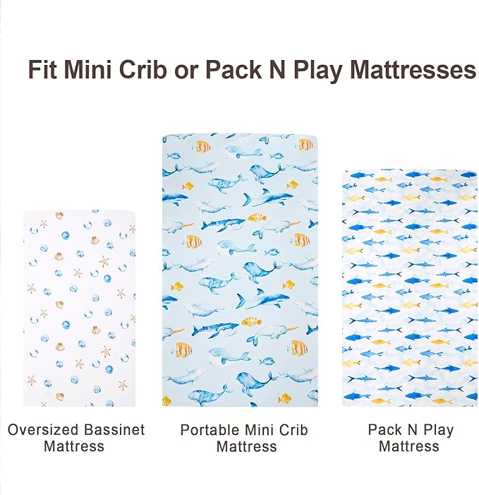 david's kids 3 Pack Mini Crib Sheets, Soft Breathable Premium Pack N Play Sheets for Baby Boys Girls Neutral, Playard and Mini Crib Mattresses, Whale