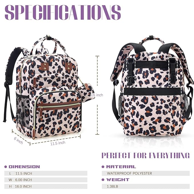 Tuwubi Diaper Bag Backpack, Baby Essentials Travel Tote Bag, Multi function Waterproof Backpacks, Travel Essentials with Stroller Straps & Pacifier Case - Leopard Print