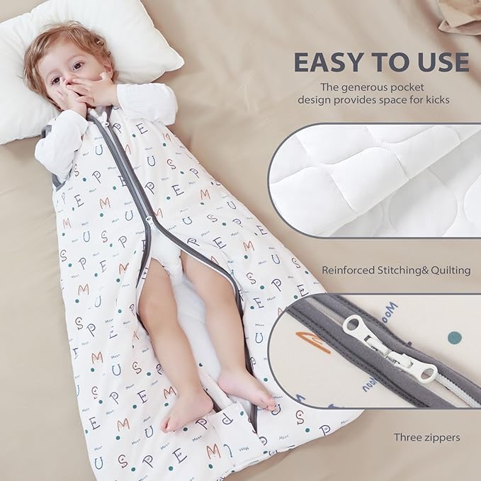 Mosebears Sleep Sack Baby Winter Wearable Blanket with 2-Way Zipper,2.5 TOG Cotton Sleep Sack Unisex (Alphabet, 6-12 Months)