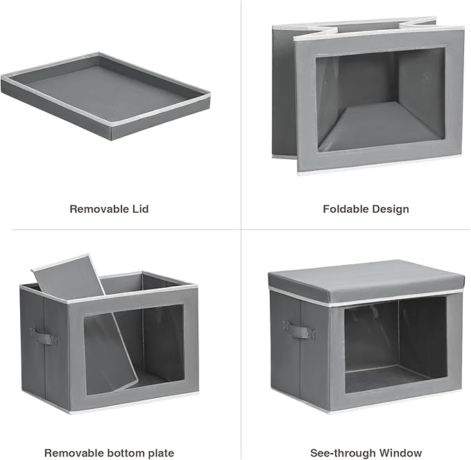 Storage Bins with Lids, 4 Pack Large Storage Cubes with Window, Closet Bins with Lids & Handles, Fabric Box for Organizing Clothes, Towels, Books, Grey