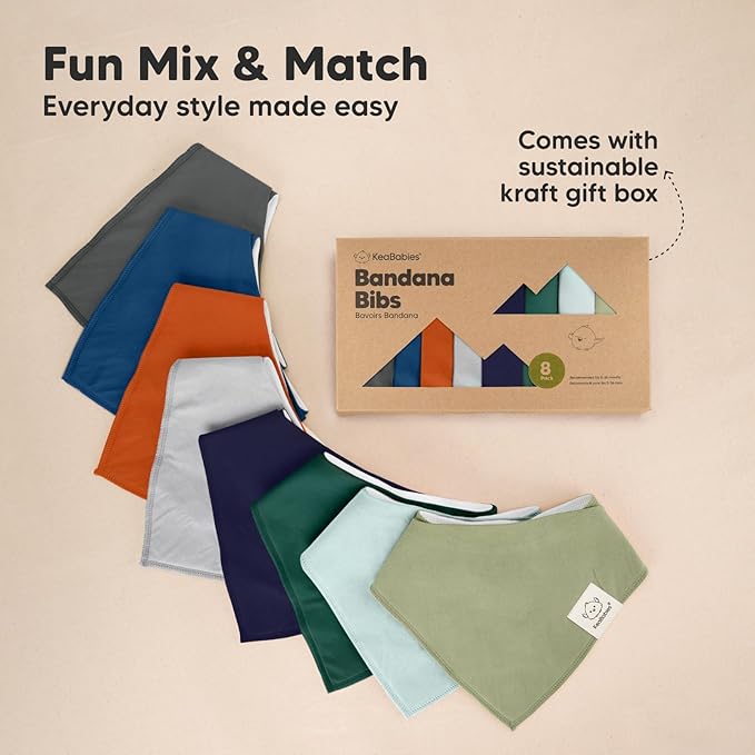 KeaBabies 8-Pack Organic Baby Bandana Bibs for Boys, Girls - Super Absorbent Triangle Baby Bibs for Drooling and Teething Infant, 100% Cotton Extra Soft for Newborn, Infant 0-36 Months (Hunter)