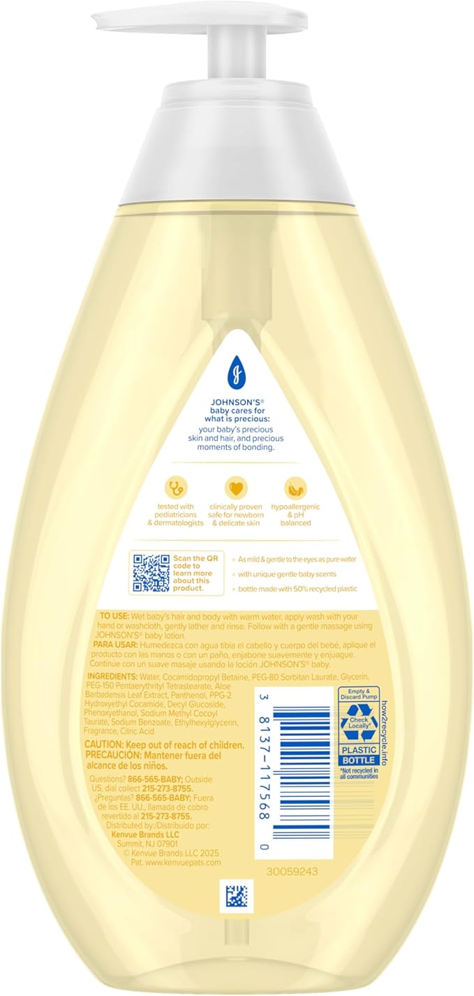 Johnson's Baby Head-To-Toe Baby Wash & Shampoo + Aloe & Vitamin B5, 2-in-1 Bath Wash Gently Cleanses Newborn's Delicate Skin & Hair, Hypoallergenic, No Added Parabens, Dyes & Sulfates, 27.1 fl. oz