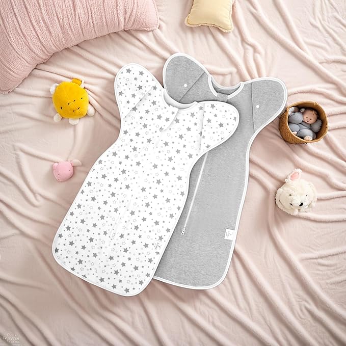 2-Pack Baby Swaddle Sleep Sack 0-3 Months - Arms Up Transitional Swaddle for Newborns, Baby Sleep Sack with Cuff Removable & 2-Way Zipper, Gray Stars Design