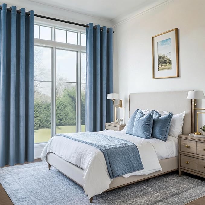 Topfinel Blue Velvet Blackout Curtains 84 Inches Long,Slate Blue Light Stone Blue Dusty Blue Room Darkening Thermal Insulated Heavy Duty Modern Grommet Winter Drapes for Living Room Bedroom 2 Panels