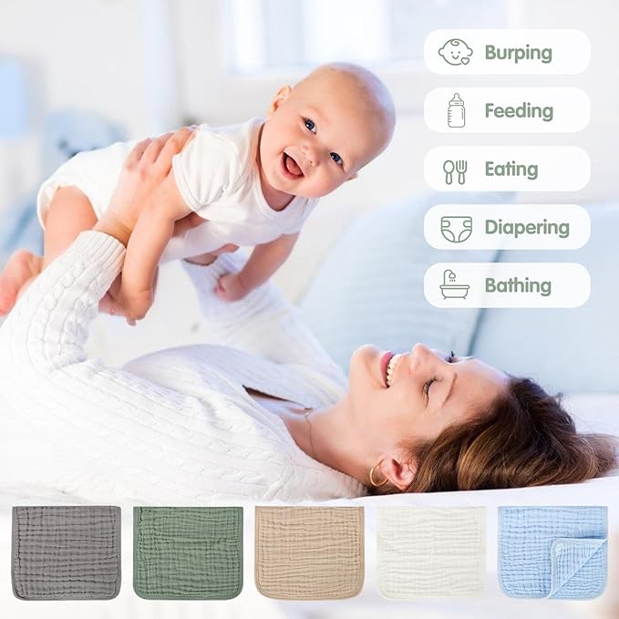 Arnzion Muslin Burp Cloths Set for Babies 100% Cotton Baby Washcloths, Large 20''x10'' Extra Absorbent and Soft 10 Pack for Boys & Girls Blue Grey Green