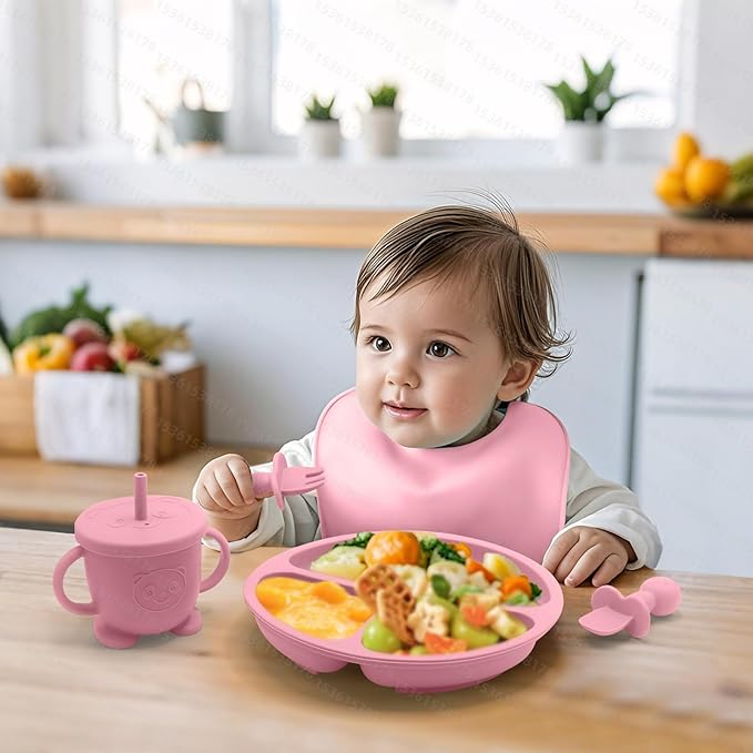 Baby Led Weaning Supplies, 17 Piece BPA-Free Silicone Feeding Set, Eating Essentials Baby Utensils with Suction Plate and Bowl, Pocket Bib, Sippy Cup with Lid, for 6+ Months, Pink