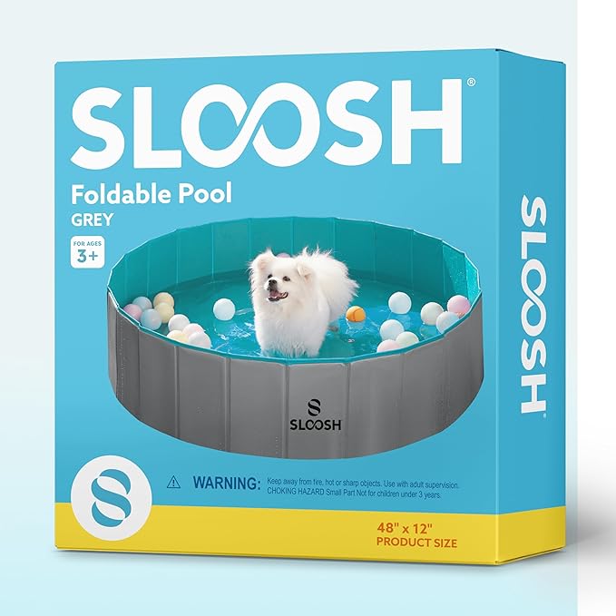 SLOOSH Foldable Dog Kiddie Pool - Portable Hard Plastic Doggie Swimming Pool, Anti-Slip Collapsible Pets Bath Tub Suitable for Kids Indoor Outdoor Backyard Use (48" x 12", Grey)