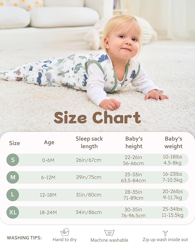 FIEMOL Rayon Made from Bamboo Baby Sleep Sack 6-12 Months, 1.0 Tog Baby Wearable Blanket, Soft Sleeping Bag for Newborn Infant Babies with 2-Way Zipper 2 Pack (Medium) Green Dinosaur