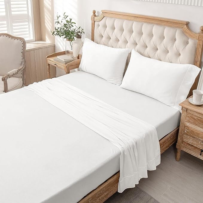 PURE ERA Jersey Knit 3pc Bed Sheet Set 100% T-Shirt Cotton Super Soft Comfy Breathable Fits Mattress Up to 20" Extra Deep Pocket (Solid Bright White, Twin)