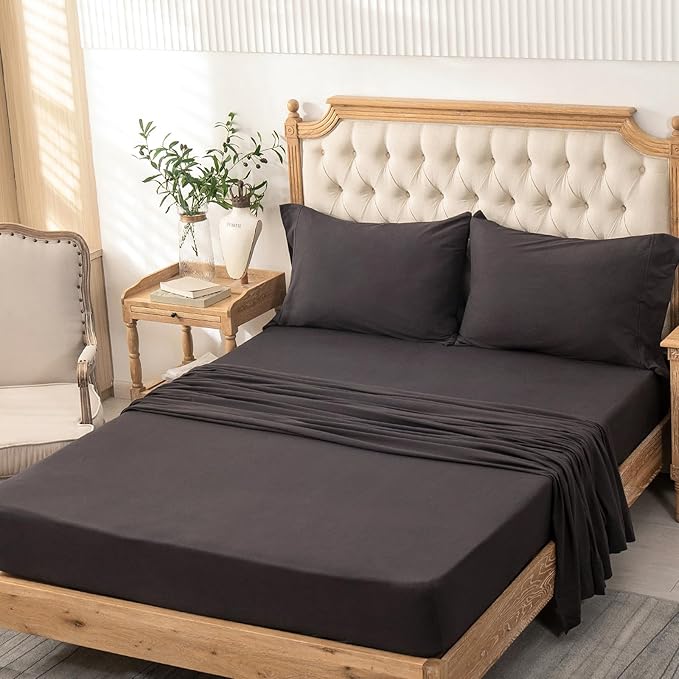 PURE ERA Jersey Knit 4pc Bed Sheet Set 100% T-Shirt Cotton Super Soft Comfy Breathable Fits Mattress Up to 20" Extra Deep Pocket (Solid Deep Brown, Queen)