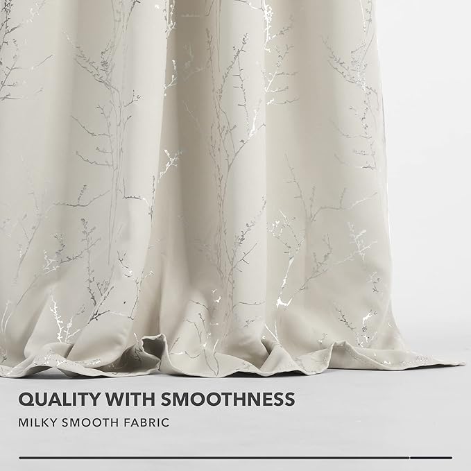 Deconovo Short Curtains, Room Darkening Curtain Beige, Thermal Insulated Soundproof Drapes, Silver Branch Print, 42 x 45 Inch, Machine Washable Window Panels for Living Room Office Kitchen, Set of 2