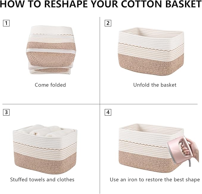 4 Pack Storage Baskets for Organizing, 13"X9"X7.87", Decorative Cotton Rope Baskets for Shelves, Small Woven Basket for Toys, Books and Towels, Brown & White