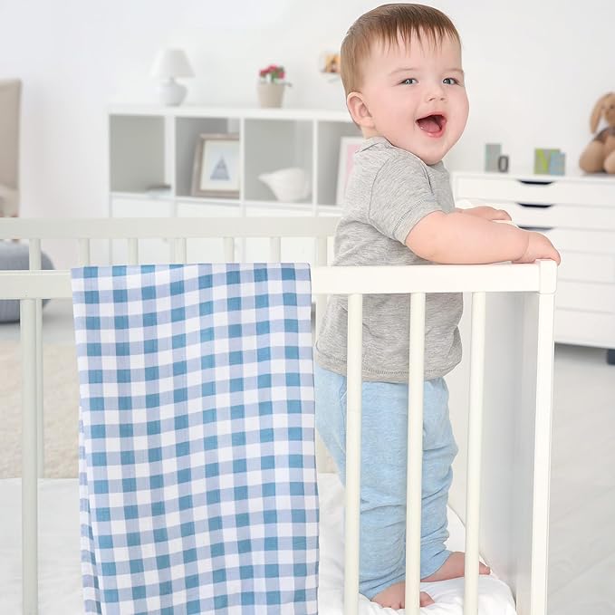 LifeTree Baby Swaddle Blankets, Boys Girls Muslin Swaddling Wrap Receiving Blanket for Newborn, 70% Viscose from Bamboo and 30% Cotton, Large 47" x 47", Horse and Blue Checkered Pattern