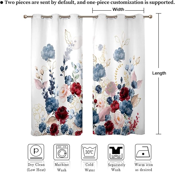 Renaiss Floral Blackout Curtains Watercolor Gray Blue and Red Peony Flower Bloossom Thermal Insulated Window Drapes for Bedroom 29W x 45L inches 2 Panel Set Window Curtains for Kitchen