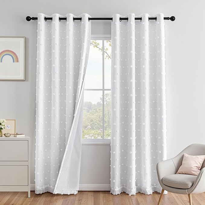 MEETSKY White Blackout Curtains for Living Room 90 Inches Long 100% Light Blocking Curtains for Girls Room Thermal Insulated with Pom Pom Sheer Room Darkening Grommet,52" W x 90" L, 2 Panels