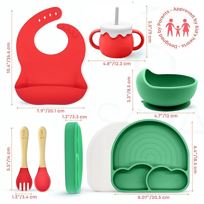 SofiAl All In One Silicone Feeding Set - Safe for 6-12 Months - Non-Toxic Baby Led Weaning Supplies - Toddler Self Feeding Utensils - BPA-Free - Mess Free Essentials
