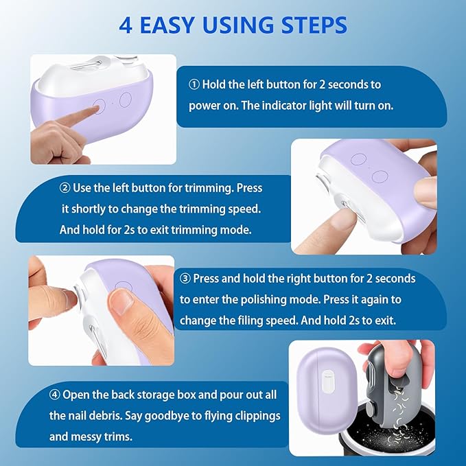Smart Electric Nail Clipper, 3-in-1 Automatic Nail Trimmer & Polisher with 2 Speeds, LED Light, Rechargeable Nail Clippers for Seniors, Low Vision, Women, Men and Kids (Purple)