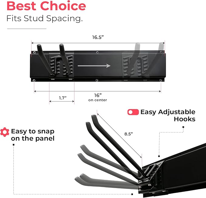 TIDYME Garage Tool Organizer Wall Mount - 48 inches - Sturdy Storage Rack with Adjustable Hooks, Anti-Rust - Easy Installation, 300lbs Capacity - Garden Tool Organizer (03 Racks & 06 Hooks)