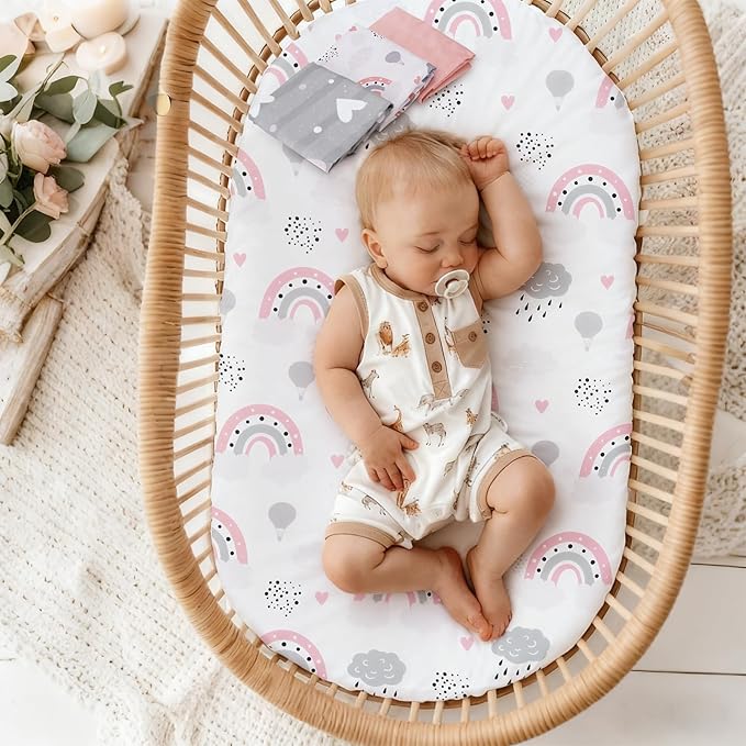 3 Pack Stretchy Bassinet Sheets - Universal Fit for Rectangle, Round, Oval, Hourglass Cradles & Moses Baskets - Soft Breathable Fitted Bassinet Sheets Set for Baby - Pink & Grey Heart