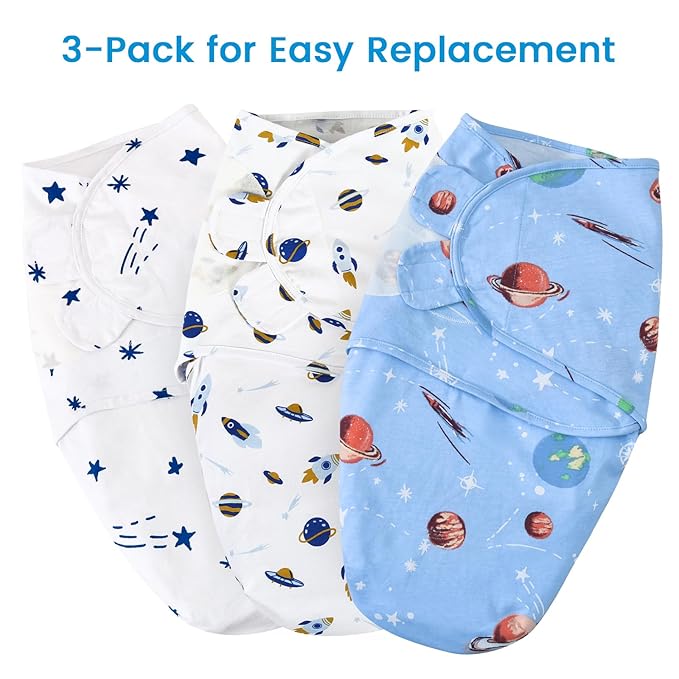 david's kids 100% Cotton 3 Pack Baby Swaddle Wrap for 0-3 Months, Soft Breathable Swaddle Blanket for Newborn Infant, Adjustable Baby Wrap Sleep Sacks for Boys Girls, Newborn Essentials, Space
