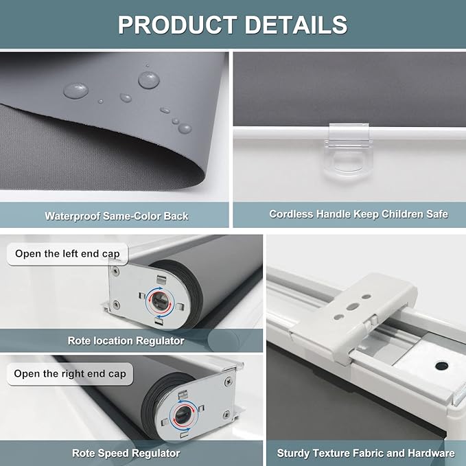 AOSKY Cordless Roller Shades Blackout Blinds for Windows Room Darkening Rolled Up Shades with Spring System, UV Protection Window Shades Door Blinds for Home and Office (45" W x 72" H, Grey)