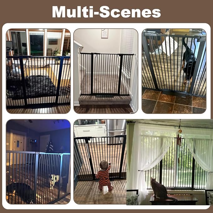 40.55" Walk Through Extra Tall Wide Baby Gates, 74.1"-76.7" Black Pressure Mounted Dog Gates