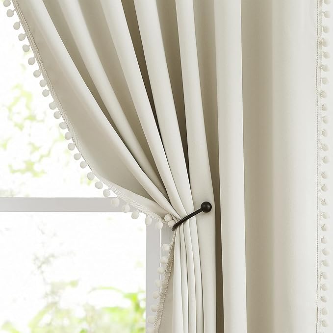 Treatmentex Pom Pom Curtains for Bedroom Windows 90 inch Energy Efficient Thermal Insulated Living Room Darkening Curtain Panels for Kitchen Nursery Room Ivory 52" w x2 Panels Rod Pocket
