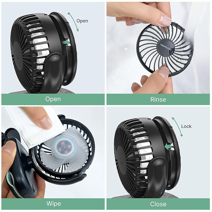 Momcozy Portable Stroller Fan with Clip | 4-Speed Mini-Fan for Carrier | Personal Fans Ultra Light 0.26lb | Gaps ≤4.5mm | Handheld Cooling | Rechargeable Rotate for Diaper Backpack/Table/Chair