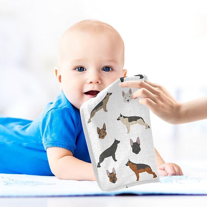 vvfelixl Baby Muslin Washcloths Cute German Shepherd Dog Baby Burp Cloths Cotton Baby Face Towel for Newborn Infants Boys Girls Soft and Absorbent 11.8 X 11.8 in, 3 Pack