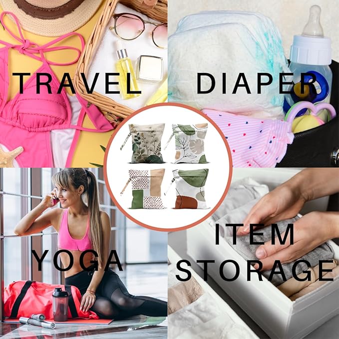 4 Pack Boho Green Abstract Botanical Wet Bag Waterproof Washable Reusable Wet Dry Bag for Swimsuit Dirty Clothes Diaper Travel Beach Pool Gym Birthday Toiletries Beach Essentials,Modern Nordic Style