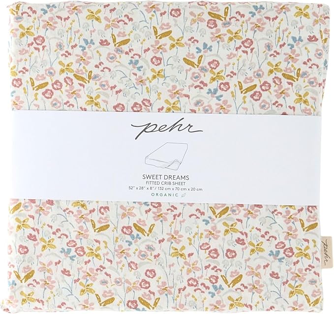 Pehr Crib Sheet, Floret | Breathable Brushed Organic Cotton for Soft Sleep | Snug Fit | Reusable Fabric Bag Packaging | Standard Crib Mattresses up to 52βL x 28βW x 8βH