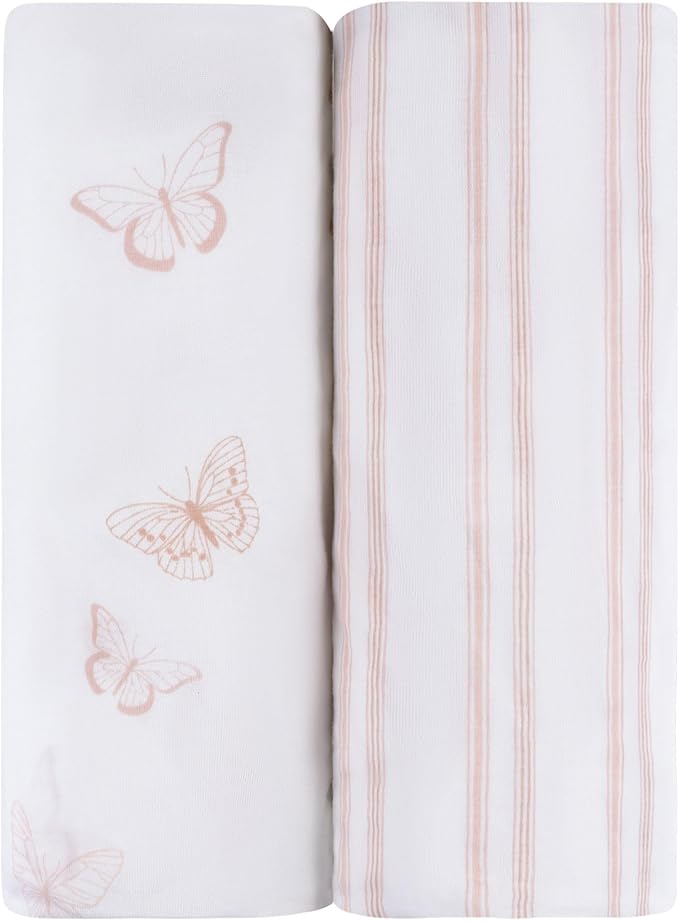 Ely's & Co. Pack and Play Sheets, for Mini/Portable Crib, 2 Pack Fitted Playpen Play Yard Sheet Set Compatible with Graco Pack n Play, for Baby Girls, 100% Cotton, 38”x24”x5” Pink Butterfly + Stripes