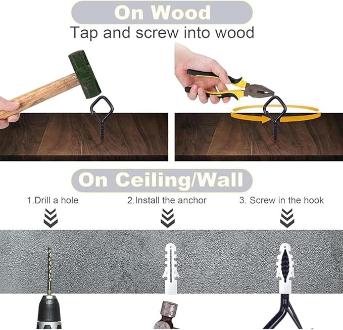 12-Pack Heavy-Duty Black Screw Eye Hooks with Safety Clips | Metal Ceiling Hooks for Hanging Plants, Wind Chimes, Bird Feeders & Indoor/Outdoor Lights