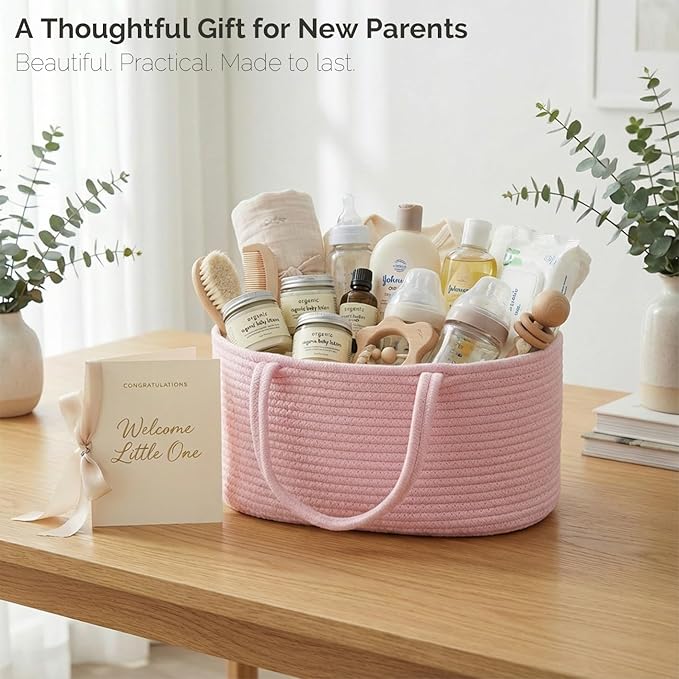 luxury little Diaper Caddy Organizer, Large Cotton Rope Nursery Baby Basket, Changing Table Organizer for Baby Diaper Storage, Portable Car Organizer Removable Divider (Light Pink, Extra Large)