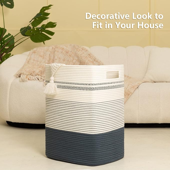 Laundry Basket, Large Woven Rope Tall Laundry Basket with Handles, Decorative Storage Basket for Clothes and Blankets in Living room, Bedroom