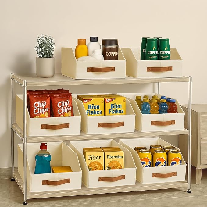 Fabric Storage Bins for Organizing - 10 Pack Large Trapezoid Collapsible Storage Bins with Front Handle, Closet Organizers and Storage for Bedroom, Home Shelves, Small Spaces, Beige
