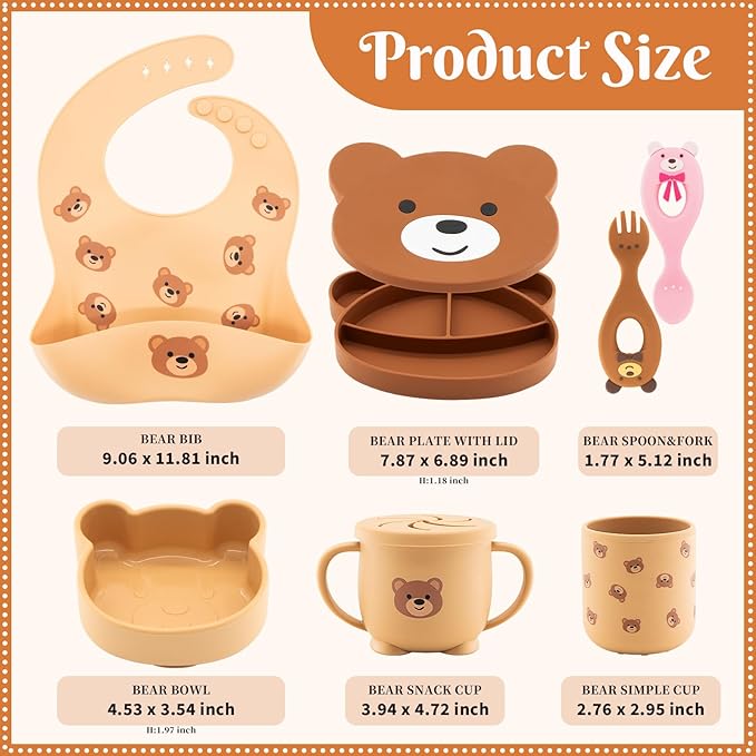CHCC Silicone Baby Feeding Set 7 Pcs, Baby Led Weaning Supplies, Baby Feeding Supplies Set BPA Free, Baby Essentials for Newborn Gift Bear