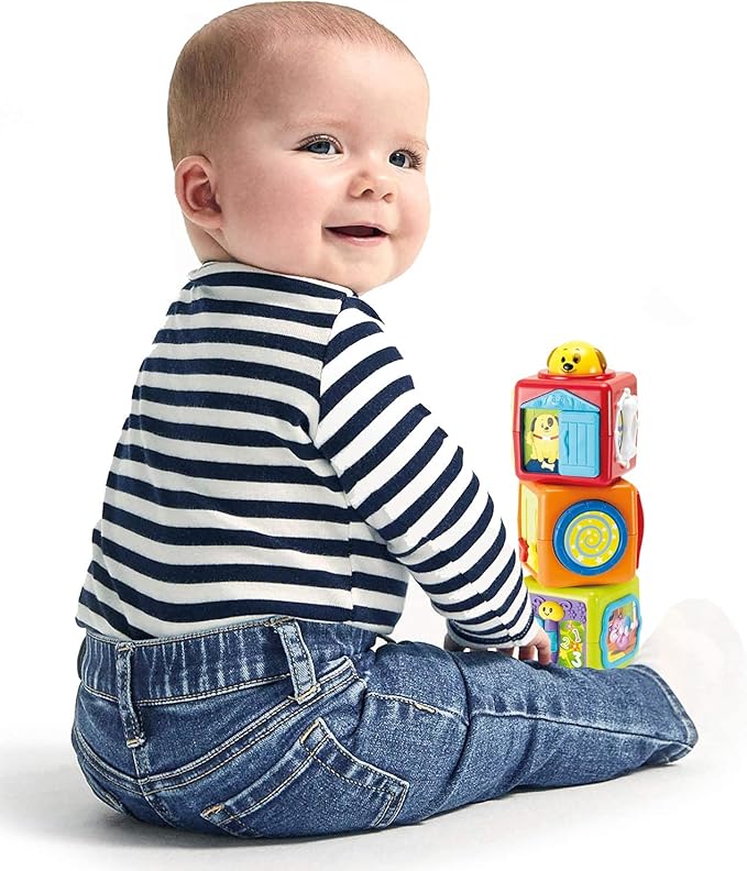 Bambiya Activity Cubes & Stacking Toy Blocks Set of 3 - Baby Blocks for Toddlers w/Animal Theme - Gross & Fine Motor Skills: Slide, Spin, Wiggle, Turn, Stack - Educational 3 Month Old Toys for Babies