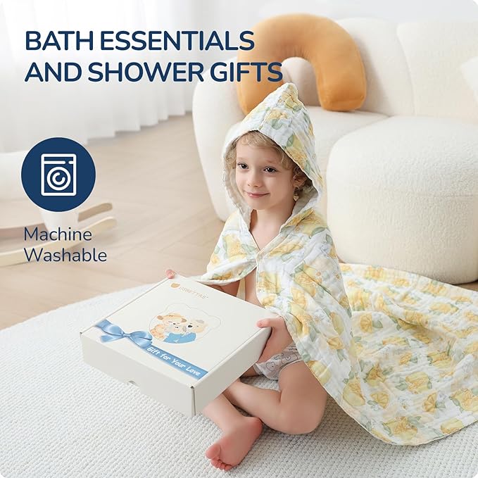 Toddler Hooded Bath Towels,100% Cotton Muslin Baby Towels for Boys Girls,Ultra Soft & Absorbent Quick Dry Kids Towel for Beach,Pool,Bathroom,Large 43x43 Inch