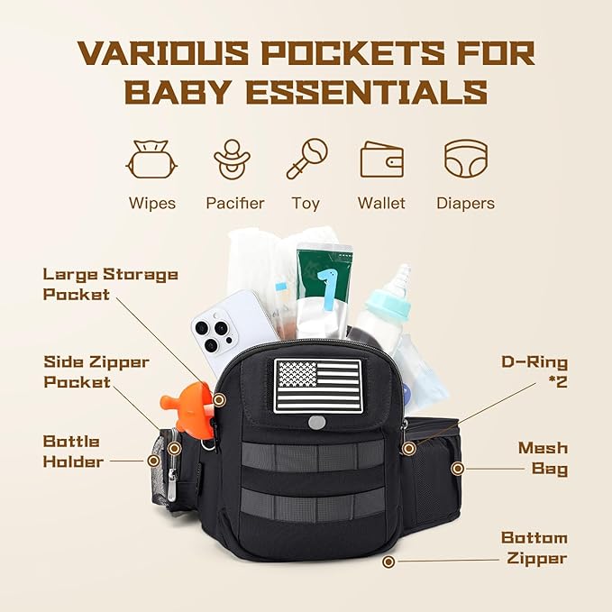 Dinictis Baby Hip Carrier, Ergonomic Waist Carrier with Hip Seat for Newborn to Toddler (Up to 45 lbs), Adjustable Wide Waistband, Molle Webbing & Multiple Pockets, Black