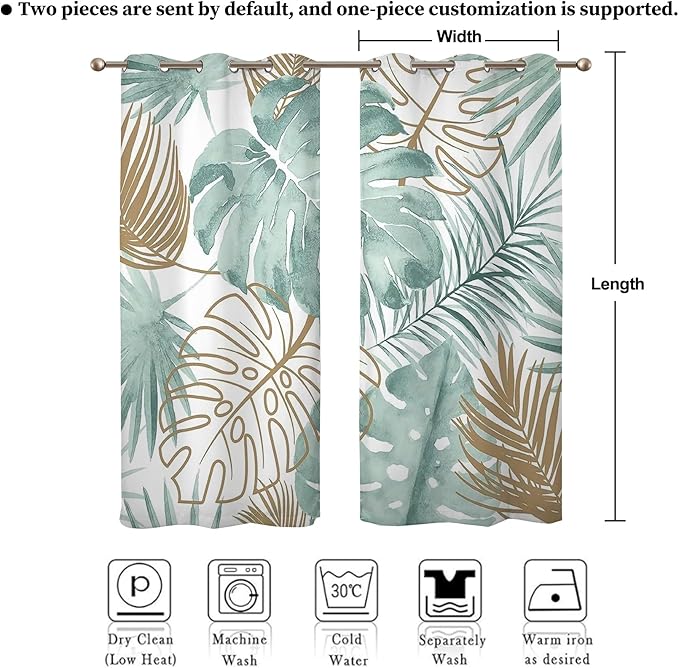 Renaiss Tropical Leaf Blackout Curtains, Green Palm Monstera Leaf Thermal Insulated Bedroom Window Curtains, Botanical Plants Window Curtains for Kitchen, 45" L x 29" W 2 Panel Set
